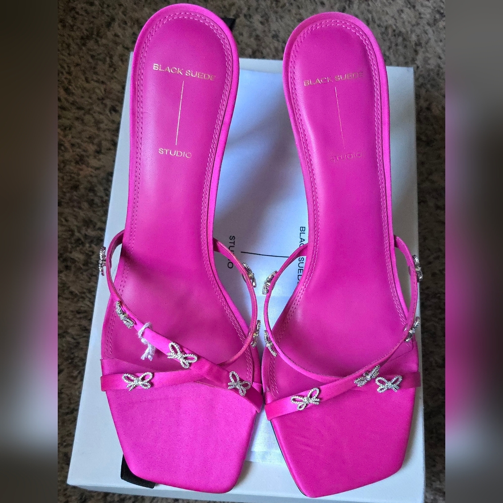 Black Suede Studio Arielle Bow Satin Sandal Pink
